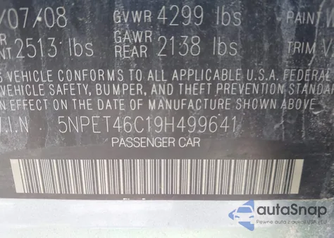 2009 Hyundai Sonata Gls из США, поврежденный, VIN 5NPET46C19H499641